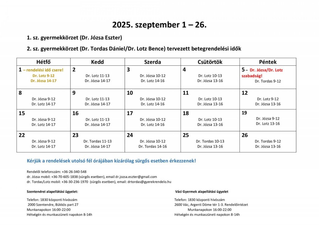 Változik a gyermekorvosi rendelés Budakalászon szeptemberben