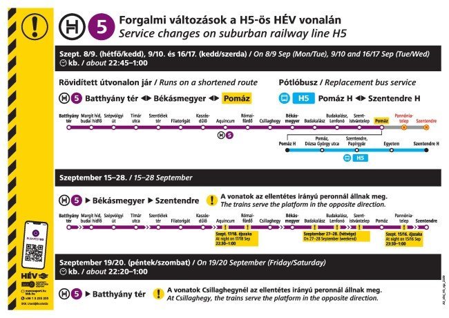 H5-ös hév: menetrendi változások szeptemberben