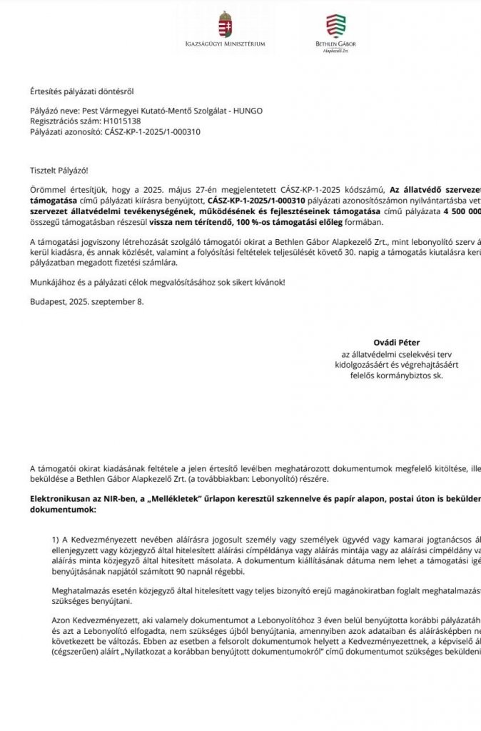 4,5 millió forint támogatást nyert a Pest Vármegyei Kutató-Mentő Szolgálat egyesülete