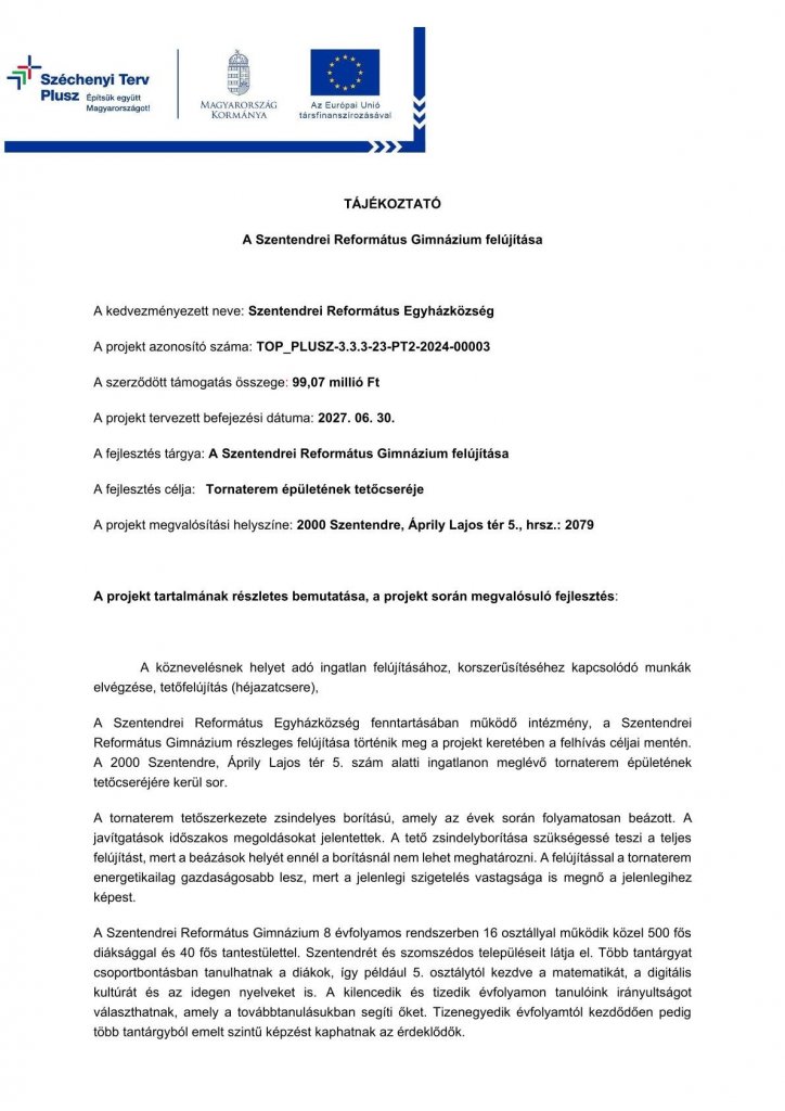 Korszerűsítik a Szentendrei Református Gimnázium tornatermét