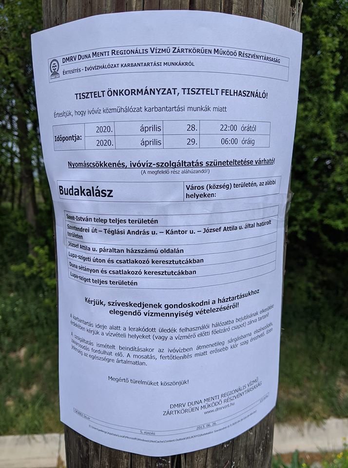 Ivóvíz-szolgáltatás szüneteltetése várható április 28-án és 29-én