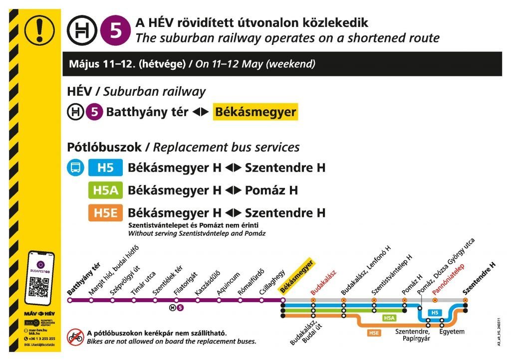 Rövidített útvonalon jár a H5-ös HÉV május 11-én és 12-én