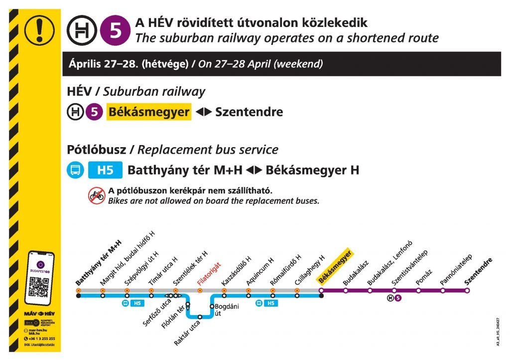 Április 27-én és 28-án a H5-ös HÉV rövidített útvonalon jár