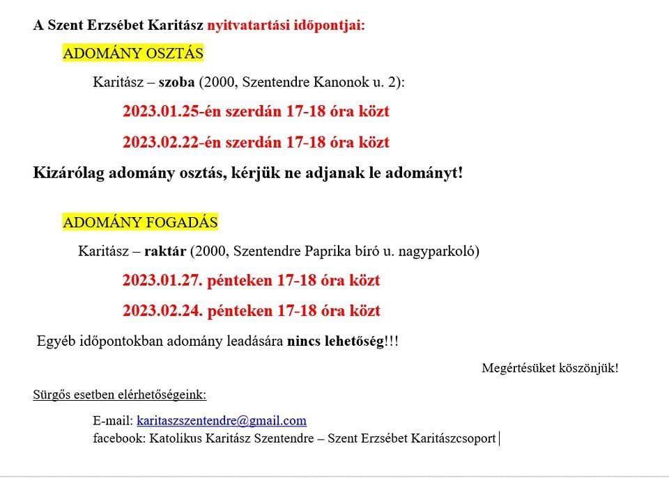 Adományosztást és fogadást szervez a Szent Erzsébet Karitászcsoport