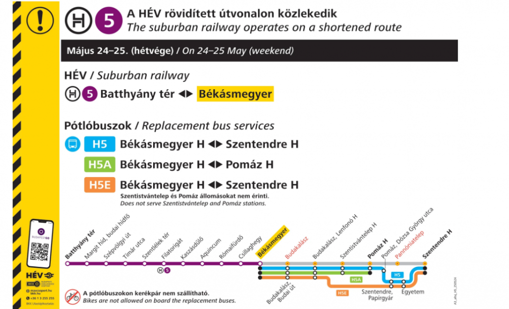 A H5-ös HÉV rövidített útvonalon, a Batthyány tér és Békásmegyer között közlekedik a hétvégén