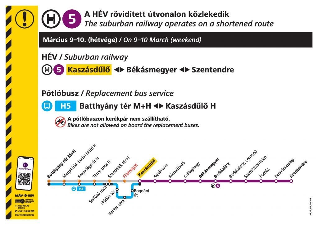 Március 9-én és 10-én a H5-ös HÉV rövidített útvonalon közlekedik