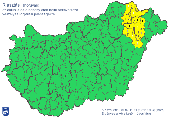Figyelmeztető előrejelzés Magyarország területére 2019.01.08. kedd éjfélig
