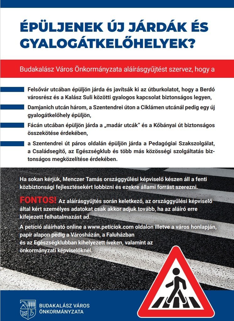 Új járdák és gyalogátkelőhelyek Budakalászon – elindult az aláírásgyűjtés
