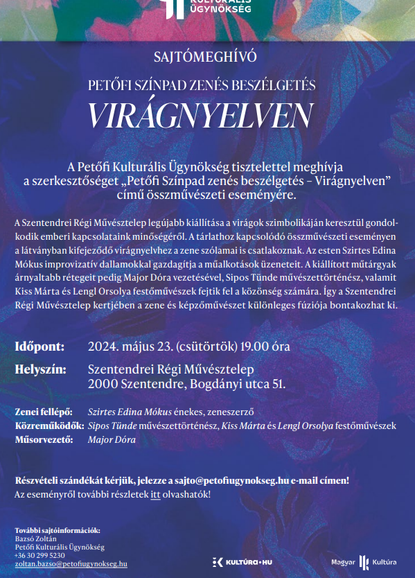 „Petőfi Színpad zenés beszélgetés – Virágnyelven” című összművészeti esemény lesz a Szentendrei Régi Művésztelepen