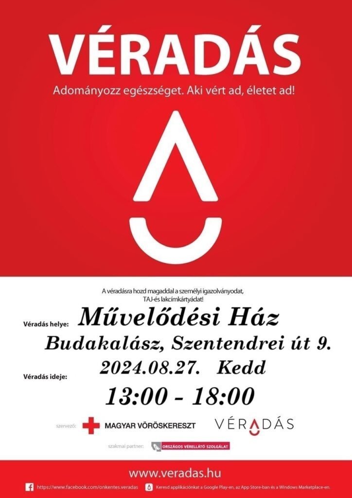 Augusztus 27-én véradás lesz a budakalászi Faluházban